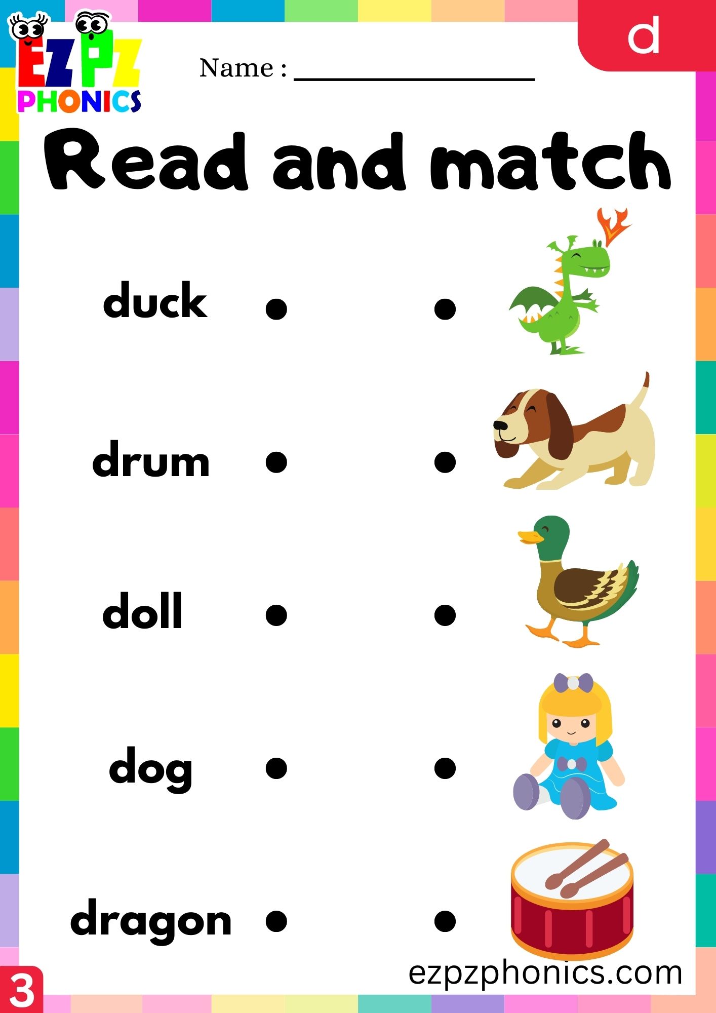 Letter d Read and Match the Images Phonics Activity for Kids Group 3